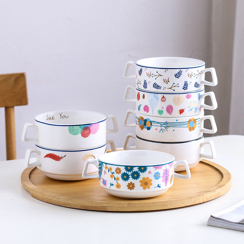 Creative ceramic binaural bowl cartoon children's breakfast steamed egg bowl salad pudding dessert bowl soup bowl binaural soup cup