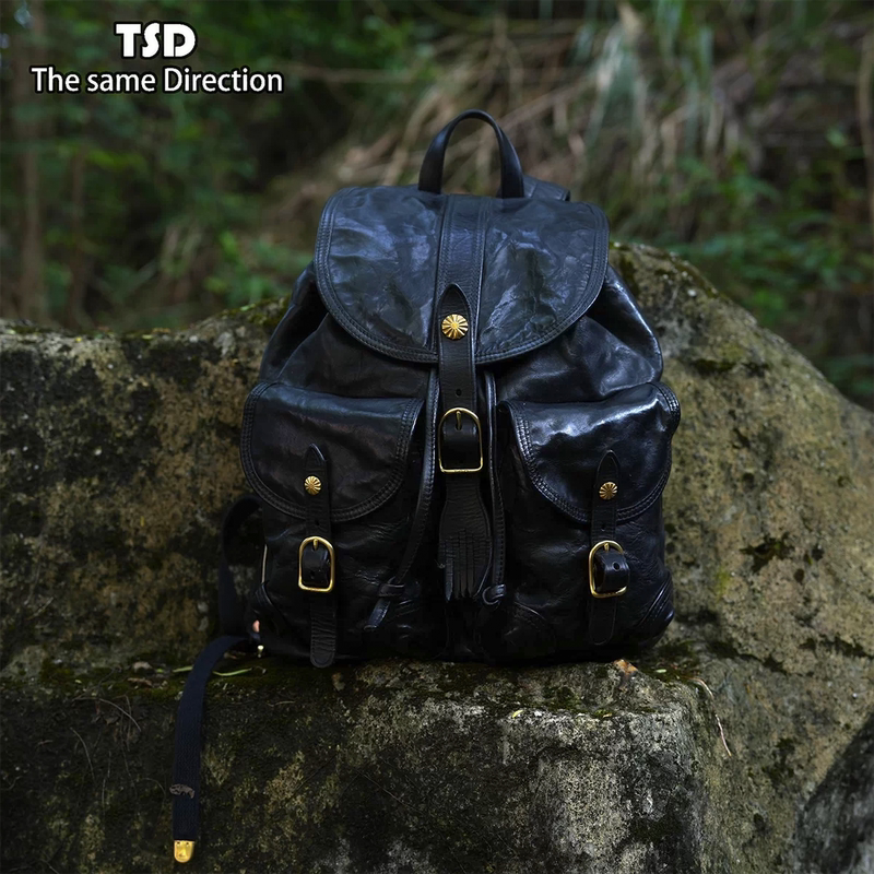 Tsd Leather Goods Heavy Craft Vegetable-Tanned First Layer Horse Leather Vintage Motorcycle Style Backpack School Bag Unisex Backpack 9134