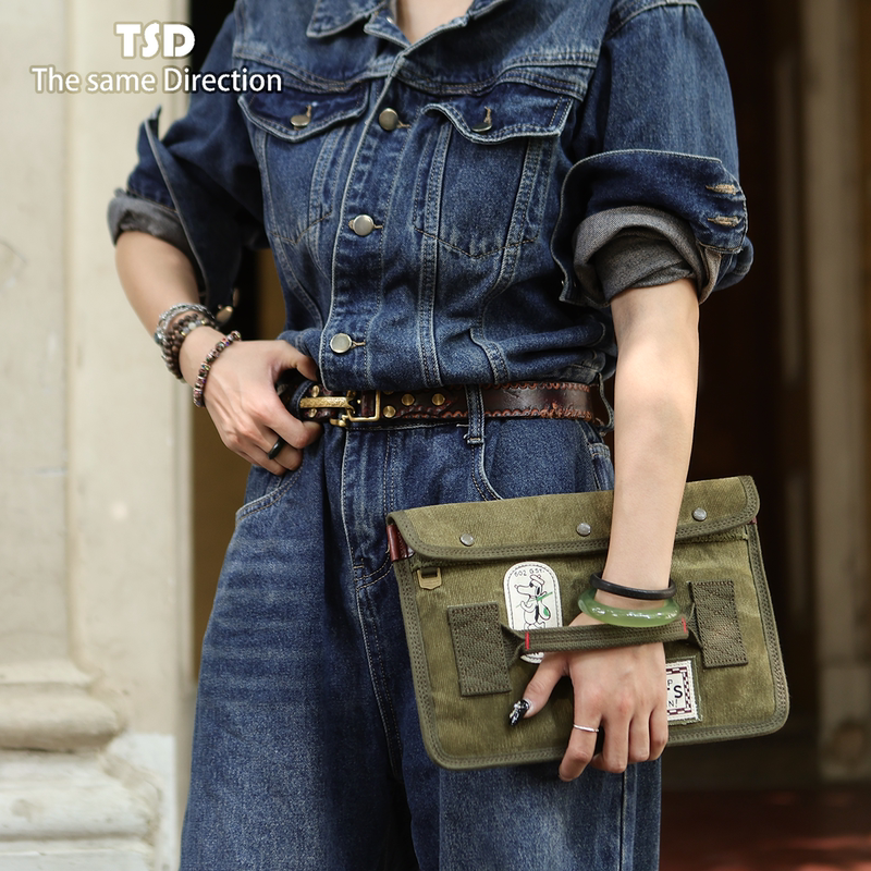 Tsd Leather Goods 620g Bamboo Pattern Patch Embroidery Vintage iPad Clutch Storage Bag Canvas Handbag for Men and Women 9128