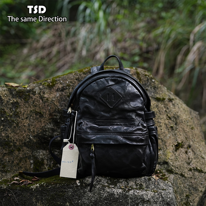 Tsd Leather Goods Imported Vegetable-Tanned Horse Leather Classic Retro Mini Backpack Double Shoulder Bag School Bag Unisex Bag 9151