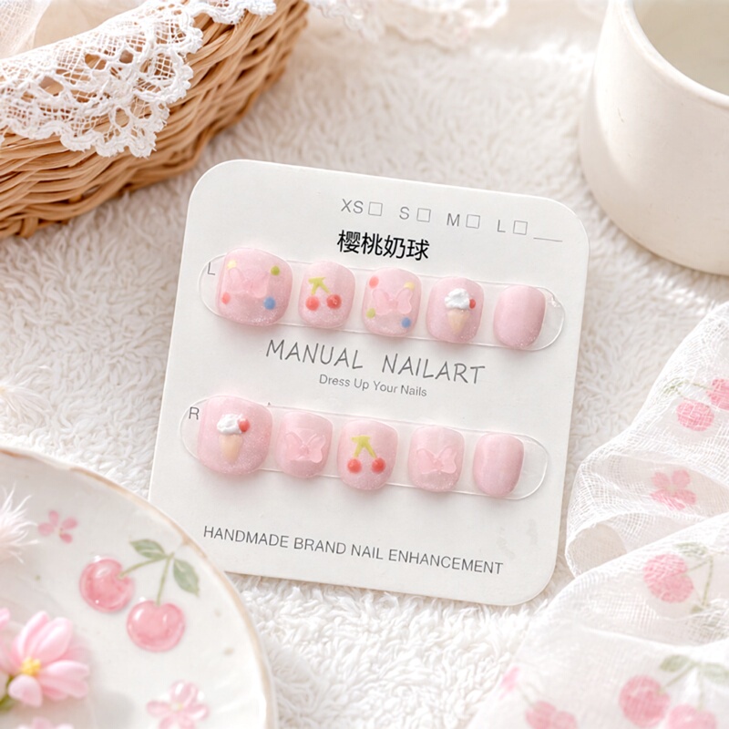 Purely Handmade Children's Nail Stickers for Girls, Kids, and Students, Anti-Biting Nail Stickers, Nude Color Cat Eye Cherry Milk Ball Design Purely Handmade Children's Nail Stickers for Girls, Kids, and Students, Anti-Biting Nail Stickers, Nude Color Cat Eye Cherry Milk Ball Design