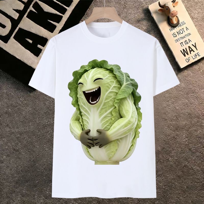 Cabbage Smiling at Me Meme Short-Sleeved T-Shirt for Men and Women, Internet Trending Abstract Quirky Vegetable Dog Vegetable Chicken Student Clothing