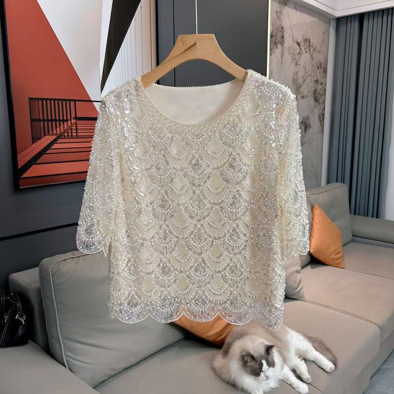 【Moonlight Soft Scales】Ladylike Heavy Beaded Lace Top Women's Short Sleeve Versatile Slimming Sequin Blouse