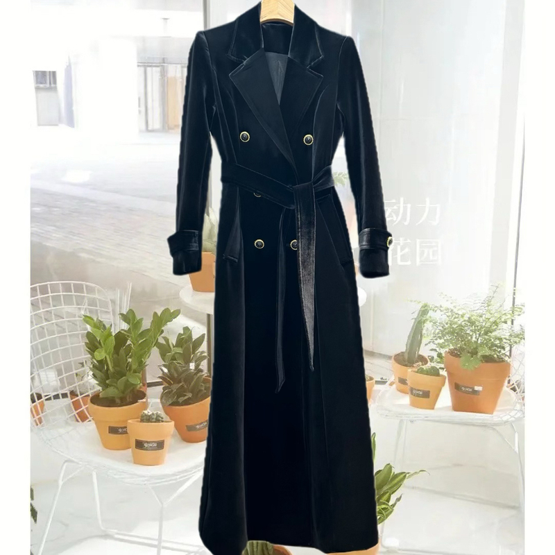 Authentic Limited Edition Autumn and Winter New High-End Double-Breasted Suit Collar Belted Trench Coat High-Quality Velvet Trench Coat