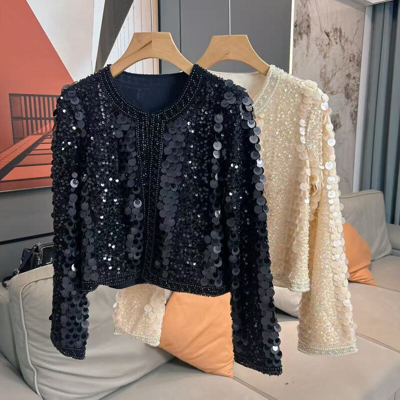 【Jade Scales】Light Luxury Heavy-Duty Sequin Beaded Cardigan Women's Short Jacket Socialite Top Chanel-Style Sparkling Diamond Jacket 【Jade Scales】Light Luxury Heavy-Duty Sequin Beaded Cardigan Women's Short Jacket Socialite Top Chanel-Style Sparkling Diamond Jacket