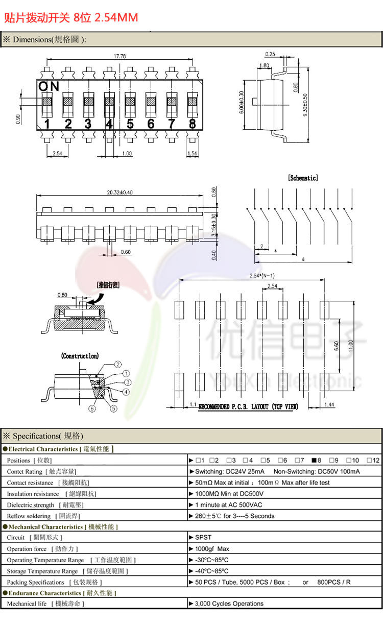 Description Picture 6 of itemSlide Type SMT SMD Dip Switch Toggle 2.54mm 2Row 4Pin 2 Position/8 Pin 4 Position/ 16Pin 8 Position black Switch Gold Plated Pin