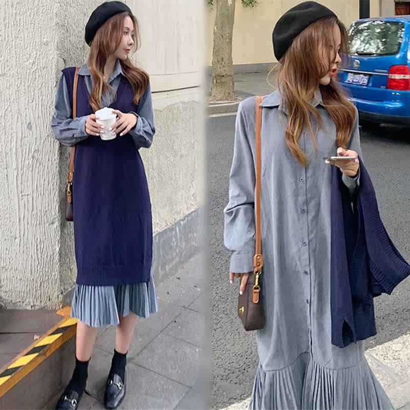 Pregnant women spring new large size fashion suit fat MM spring shirt dress foreign style knitted vest two-piece set