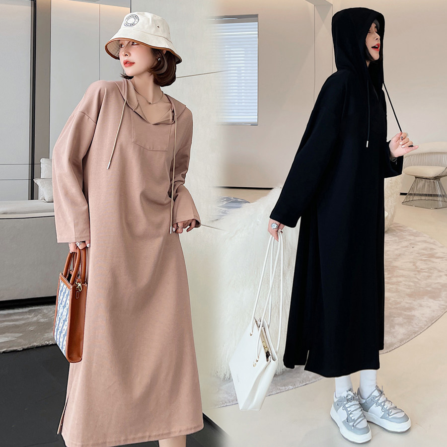Pregnant women autumn new large size fashion suit long sweater skirt long sleeve hooded autumn dress coat female
