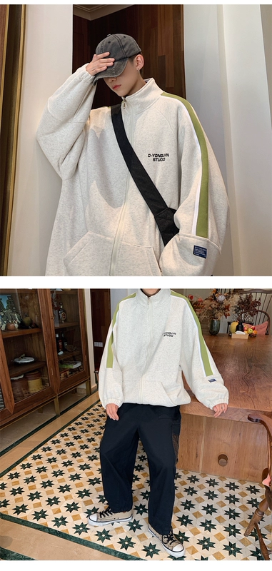 Fang Shao Men Wear, Hong Kong phong cách thu đông xu hướng phối màu cộng với áo len cardigan lông cừu học sinh kiểu Hàn Quốc áo khoác rộng đơn giản - Áo len
