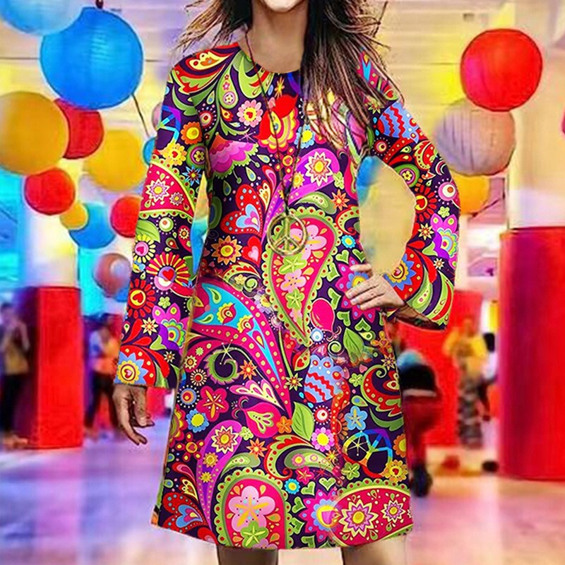 Amazon Cross-Border New Product European and American Clothing Halloween Retro Hippie Clothing Printed Women's Dress