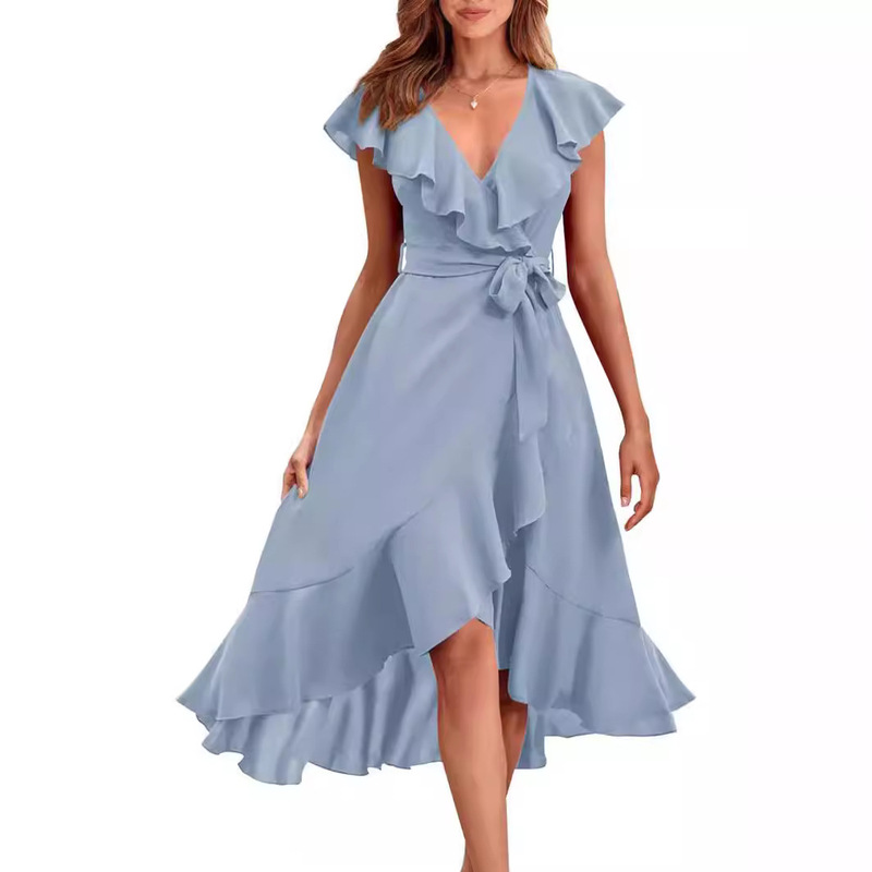 Foreign Trade Cross-Border Amazon 2024 Summer Beach Long Dress Women's V-Neck High-Waisted Solid Color A-Line Dress 612