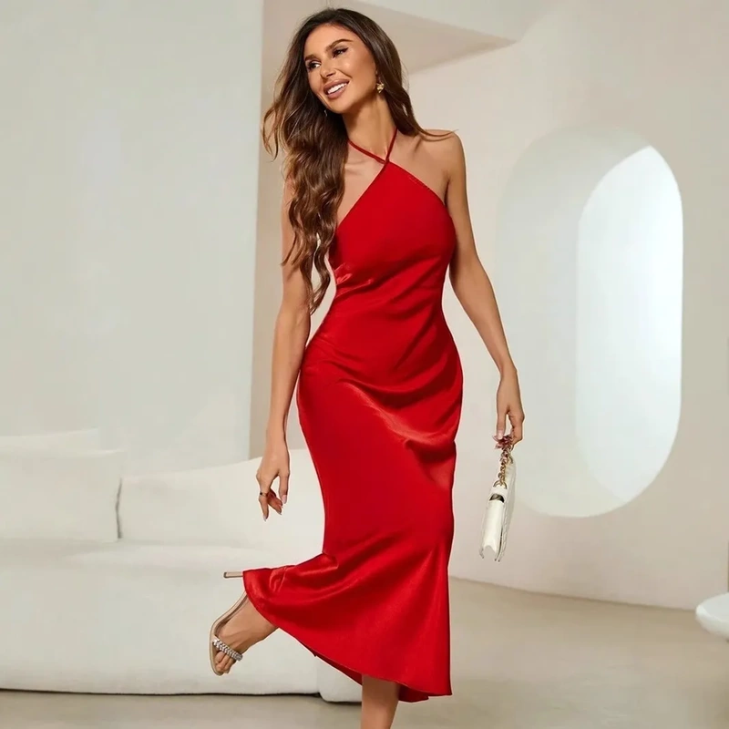 European and American Cross-Border Women's Clothing Sexy Dress Spring and Autumn New Amazon Evening Dress Satin Satin Strap Long Dress