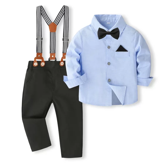 
Children's gentleman's dress suit British style boys spring and autumn style solid color long-sleeved shirt strap suit pants two-piece set