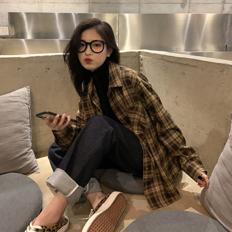(TWO LEMON day not fall) 2022 mill Mao retro port Taste Plaid Shirt Woman Han Version Long Sleeve Jacket