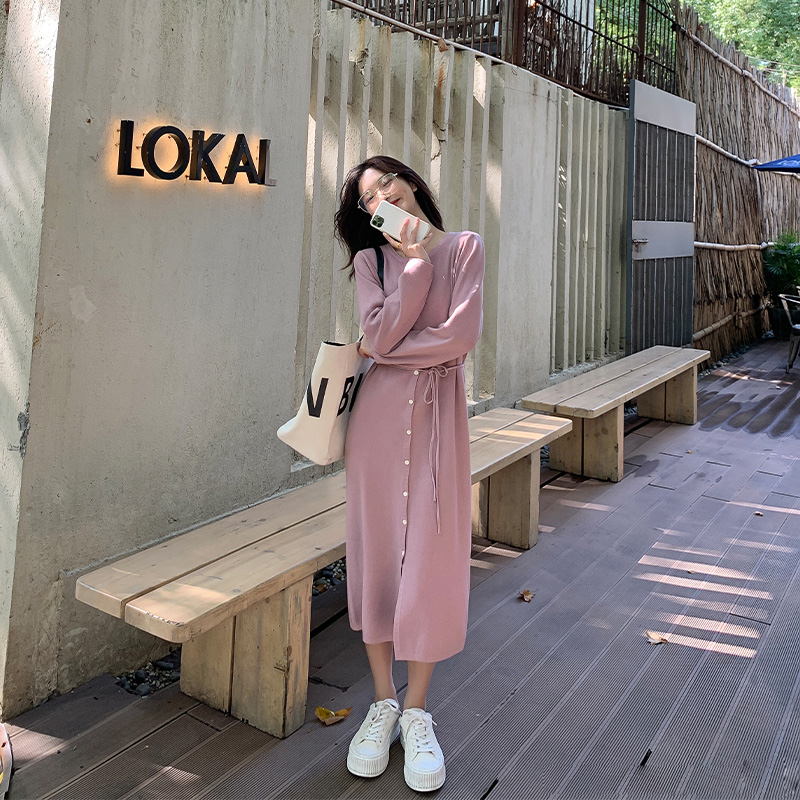 (Hu Chu Liang muse skirt)French medium-long thin slim knitted dress women 2021 spring pink