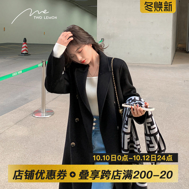 TWO LEMON Hepburn woolen coat women's 2022 autumn and winter new black mid-length woolen coat coat