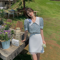 (Hu Chu Beautiful Bellan Girl) Skirt Hem Micro-Arched Mesh Yarn Splicing Summer High Waist Small Sub Short Skirt Woman