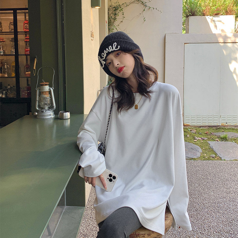 (Hu Chu's Milk Sugar) White Long sleeves T-Shirts Tide Women Spring Dress New Round Collar 100 Hitch Blouse Women