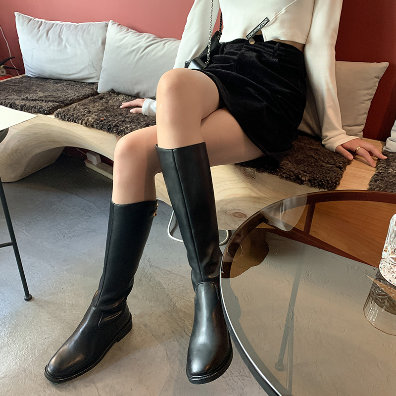 (TWO LEMON USA Past) 2020 New Knee-long Cylinder High Cylinder Boots 100 Lap Buckle Long Boots Woman