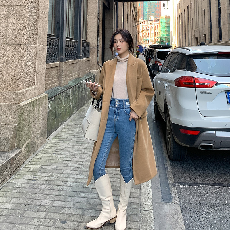 (Hu Chuliang successor) 2021 new autumn and winter tweed coat camel medium long woolen coat woman