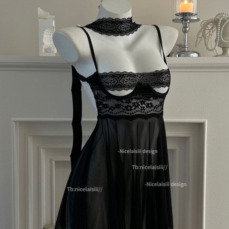 Nicelaisiii Lace Sexy Underwire Push-Up Lingerie Date Night Mesh Slightly See-Through Nightgown Hot Girl Dress