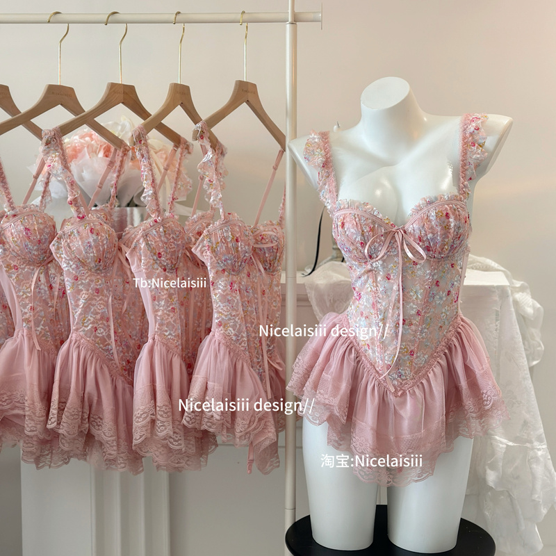 Nicelaisiii Sweet Barbie Floral Print Sweet Fishbone Bra with Pads Slimming Push-Up Sexy Nightgown