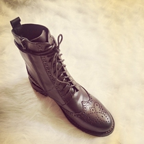 2018 autumn and winter British style short boots retro thick heel lace up Martin boots womens brogue round toe carved ankle boots