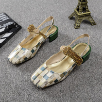 Womens shoes niche square rhinestone Velcro low heel love beautiful