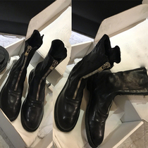 Womens shoes really round head front zipper Black low heel European and American style is very cool