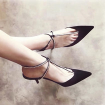 Womens shoes rhinestone yi zi kou tip fine high-heeled black shoes heel 5cm around