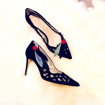 Womens shoes color cut hollow pointed thin heel high heel black womens shoes tide