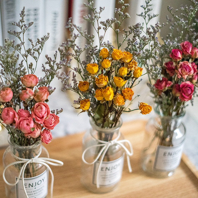 Buy three get one free dried flowers with vase] Combination Forget-me-not starry roses Eucalyptus leaves Nordic style ornaments