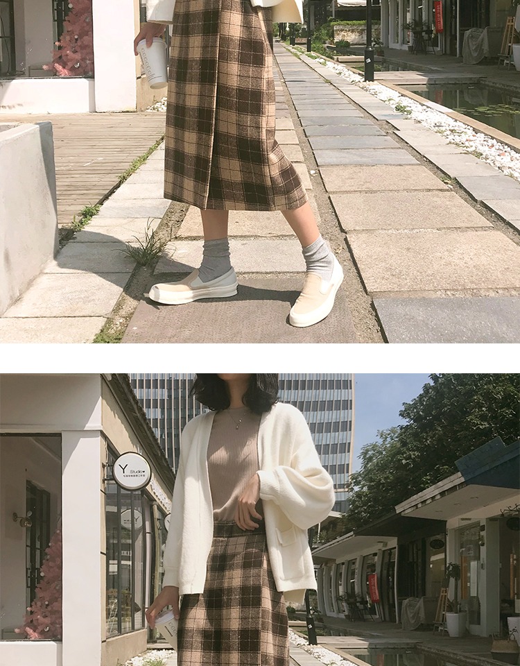 Váy len kẻ sọc retro nữ 2018 eo cao mùa thu và mùa đông xẻ túi dài ngang hông là váy bước mỏng chân váy xòe đẹp