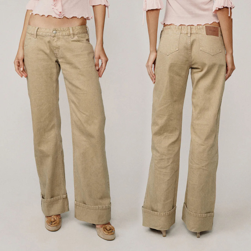 With Jean Khaki Washed Low-Rise Denim Trousers with Raw Hem and Straight-Leg Cut