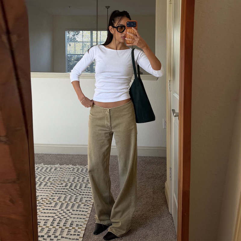 Still Here Khaki Low-Rise Denim Straight-Leg Pants, No Waistband Design, Can Be Cuffed at the Ankles