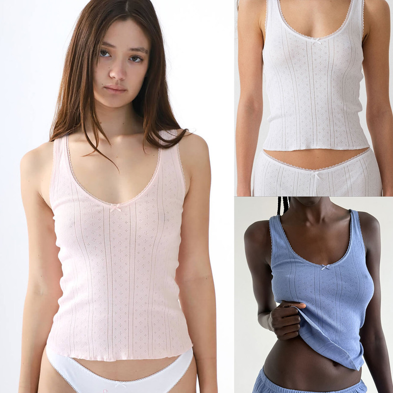 Coucou Pink and White Lace Trim V-Neck Tank Top, Custom-Dyed Pure Cotton Jacquard Comfortable Fabric