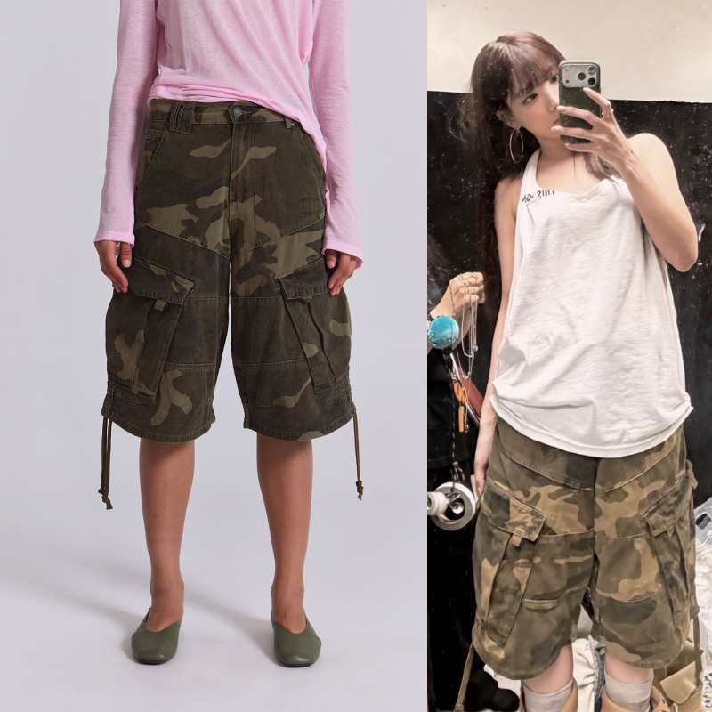 Jaded London Camouflage Shorts, Same Style as Lin Na-Yeon, Washed and Distressed, Loose Fit Cargo Pants