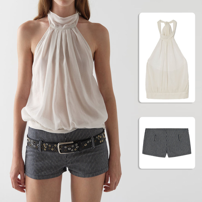 Gimaguas White Chiffon Halter Neck Backless Top Low-Waisted Striped Ultra-Short Shorts