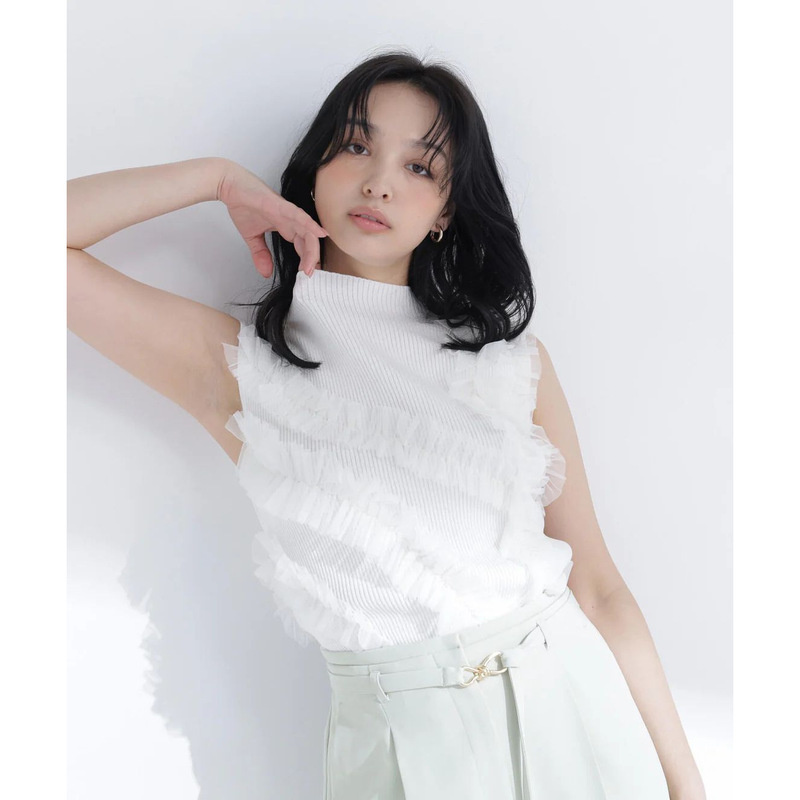 Du+ Small Amount of Pure Japanese Style N+ New Sweet Asymmetrical Sheer Ruffle Slim-Fit Knit Tank Top