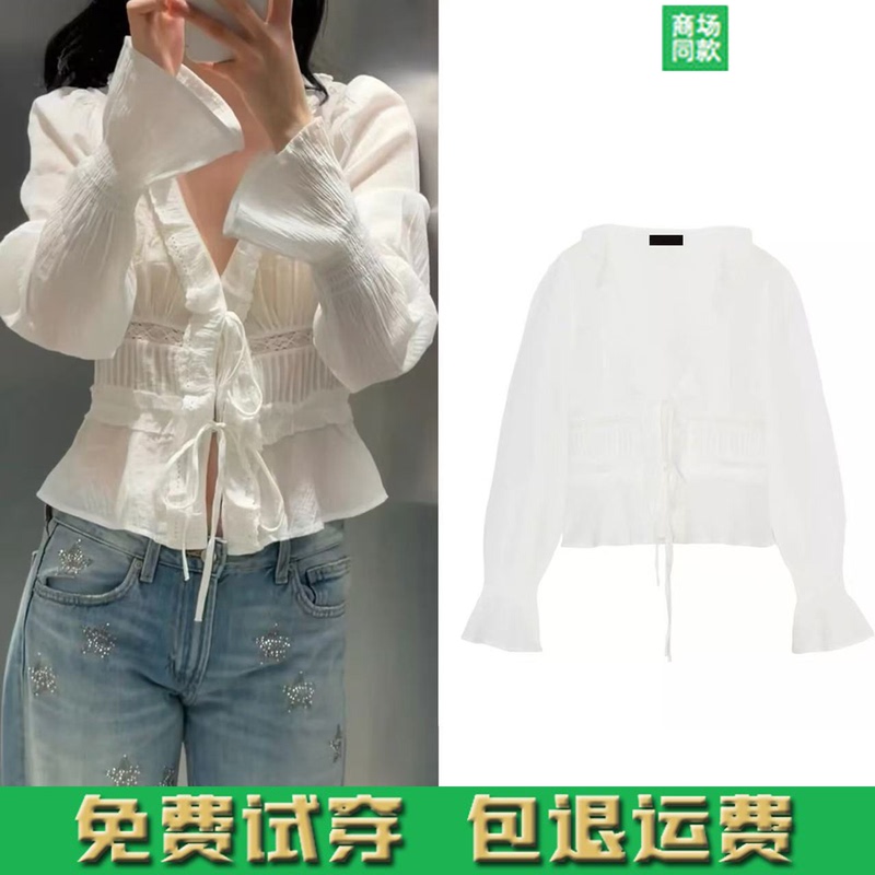 Za's New Spring and Summer Product, French-Style Sweet V-Neck Sheer Embroidered Lace-Up Layered Decorative Long-Sleeve Shirt for Women 0881016