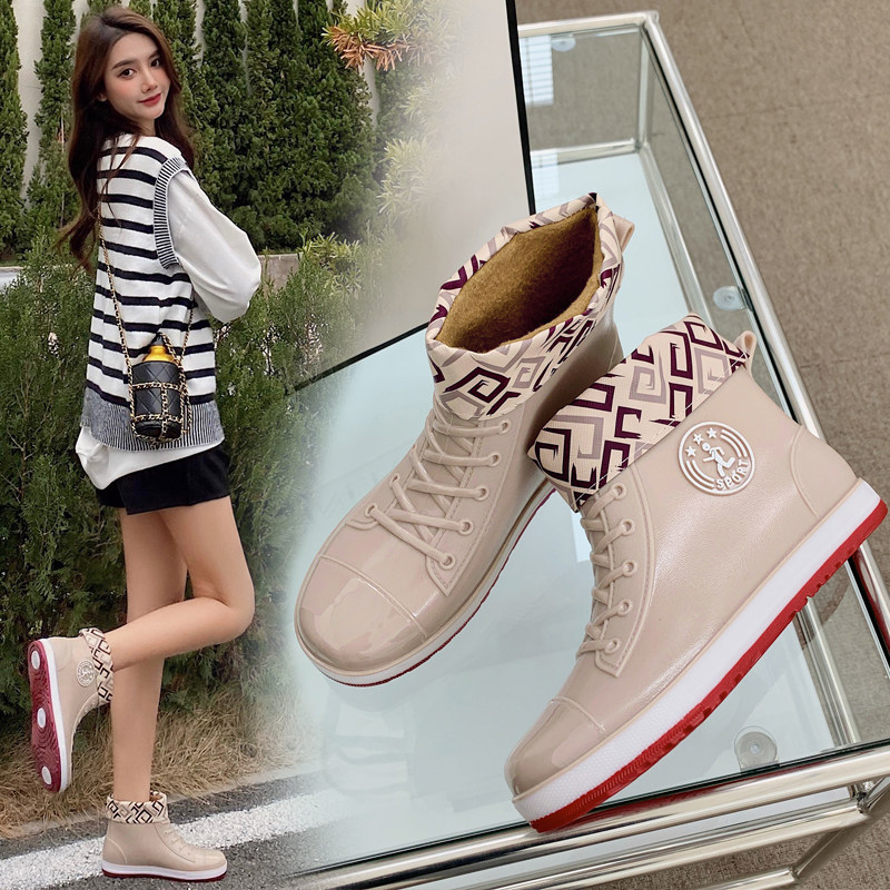Japanese four seasons fashion rain boots women's short tube warm rain boots water shoes low top water boots non-slip kitchen shoes rubber shoes plus velvet