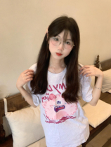 American dopamine cute cartoon pure cotton short-sleeved t-shirt for women summer casual loose student mid-length right shoulder top