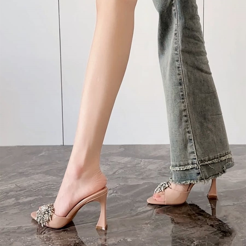 Calbou Kimct French-Style Nude Sandals for Summer, with Fireworks Diamond Horseshoe Heels, Pointed Toe, and Open-Toe High Heels