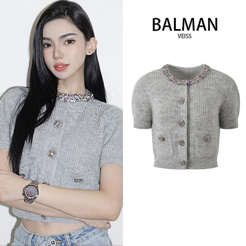 Ves Balman Sp High-End Women's 25 Summer French Style Chanel-Inspired Diamond-Studded Slim-Fit Short Knit Cardigan Top