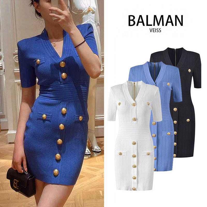 2025 Summer Vis Balmain Temperament Waist Skirt Embossed Gold Button V Neck Short Sleeve Hip Cover Knitted Dress for Women 2025 Summer Vis Balmain Temperament Waist Skirt Embossed Gold Button V Neck Short Sleeve Hip Cover Knitted Dress for Women
