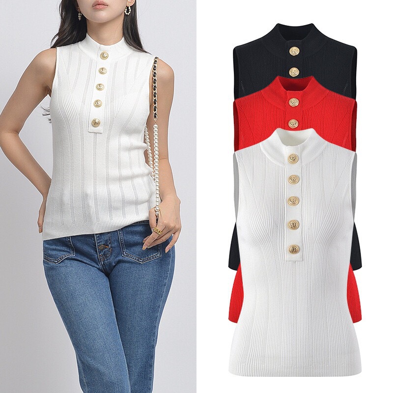 Vesbalman Socialite 2026 Summer Metal Buckle Ice Silk Knitted Vest Women's Slim Fit Sleeveless Stylish Top Vesbalman Socialite 2026 Summer Metal Buckle Ice Silk Knitted Vest Women's Slim Fit Sleeveless Stylish Top