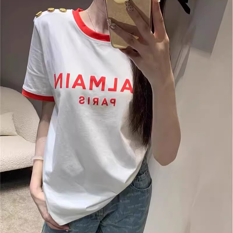 Vis Balmain Shoulder Button Thick Lettering Flocking Casual Short-Sleeve All-Cotton Rolled Cuff T-Shirt Couple Style Unisex