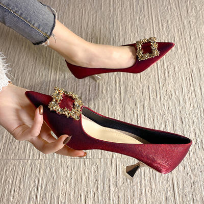 Red high-heeled wedding shoes, Xiuhe wedding dress, 2026 Summer new style pointed-toe thin-heeled bow bride shoes