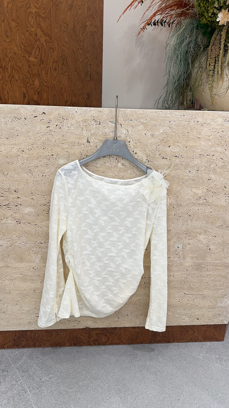European Station 2026 Spring New Women's Round Neck Three-Dimensional Flower Slim Fit Long Sleeve Lace Blouse Top 22767