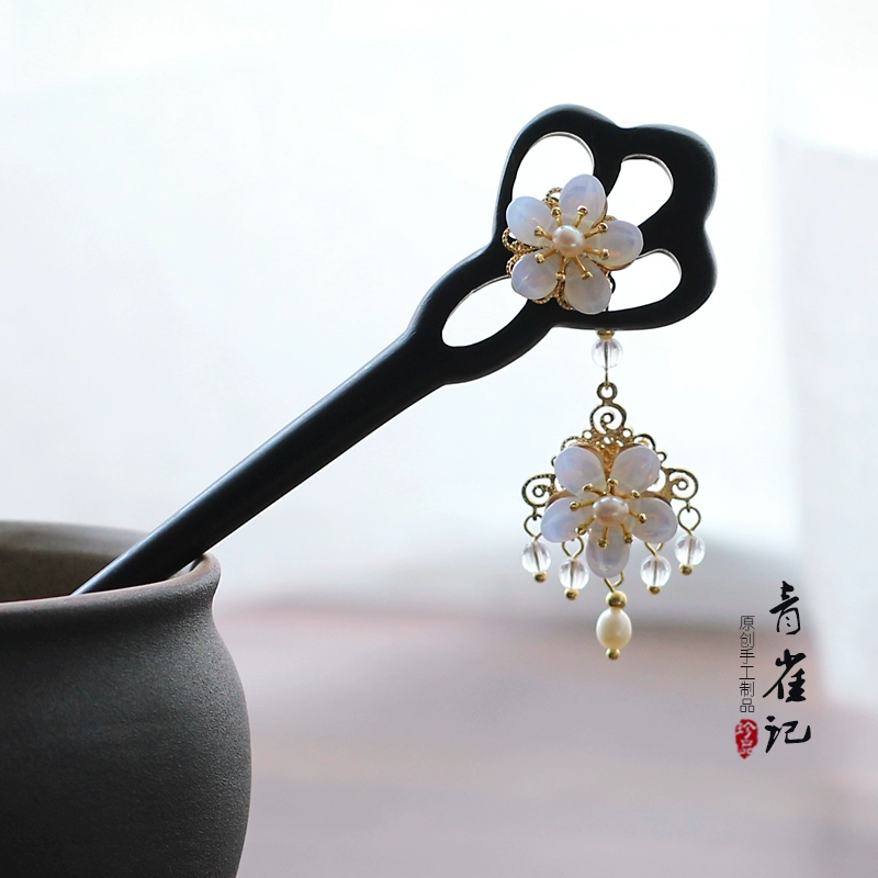 Qingqueji Handmade Phong cách cổ điển Trung Quốc Phong cách dân tộc Gỗ mun Kẹp tóc Xông hơi Hanfu Phụ kiện Mũ cài tóc Kẹp tóc Liuling - Phụ kiện tóc